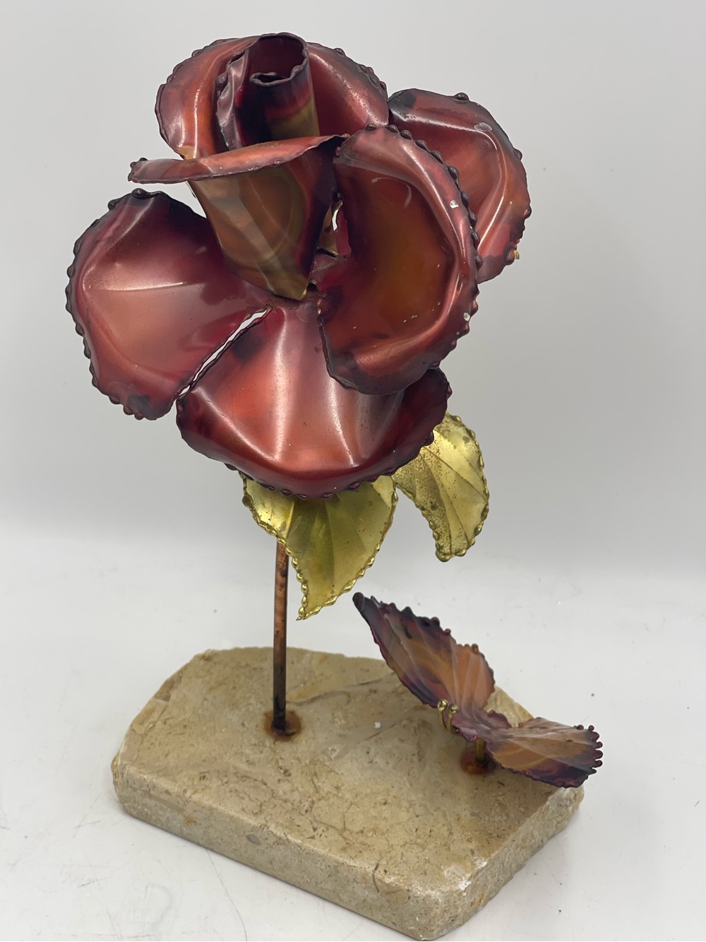 VTG MCM Metal Art Copper Rose Flower & Butterfly Sculpture on Natural Stone Base